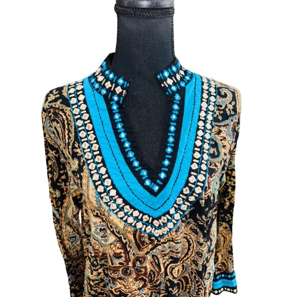 Soft Surroundings Paisley Tunic Dress L Black Blue 100% Cotton Boho Santa Fe - Picture 10 of 10